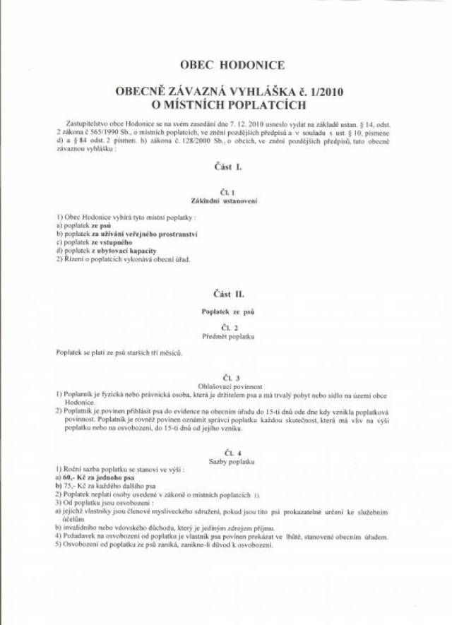 Obecně závazná vyhláška č. 1/2010 o místních poplatcích